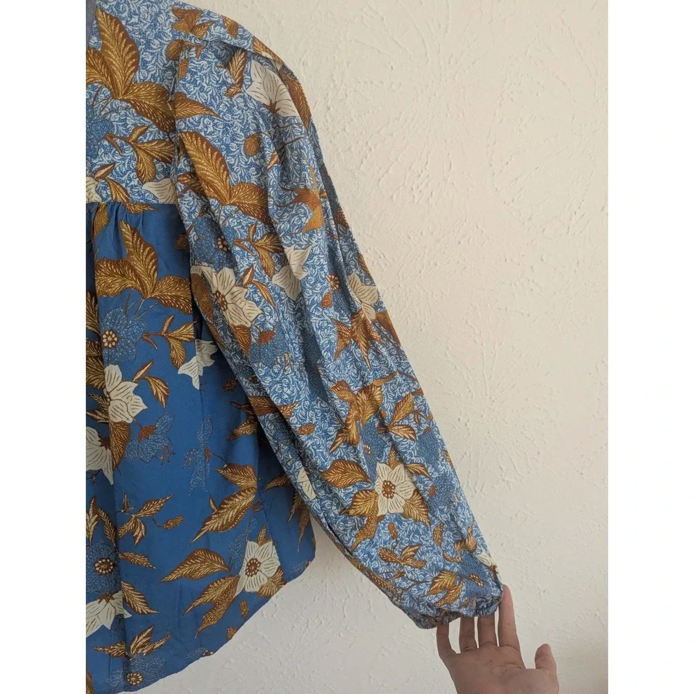 Ulla Johnson Joanie Blouse Size 10 Lapis Blue Floral Puff Sleeve $295